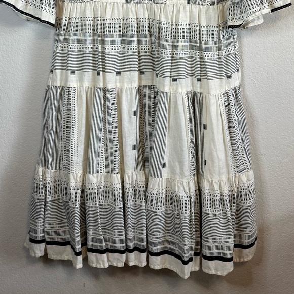 F & F Black Cream Cotton Poplin Bell Sleeve Tiered Split Neck Prairie Boho Dress - Picture 9 of 11